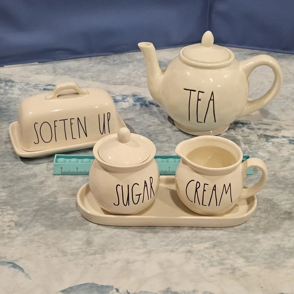 Rae Dunn Kitchen Set TEA Teapot Cream‎ Sugar Butter Dish SOFTEN UP 5pc Artisan